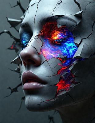 The primary subject of the image is a woman with a unique and artistic appearance. She has a face that is covered in a mix of red, blue, and orange colors, giving her a striking and visually striking look. The setting is a dark background, which further emphasizes the vibrant colors of her face. The visual style of the image is a combination of digital art and illustration, creating a surreal and intriguing scene. The overall atmosphere of the image is one of creativity and artistic expression.